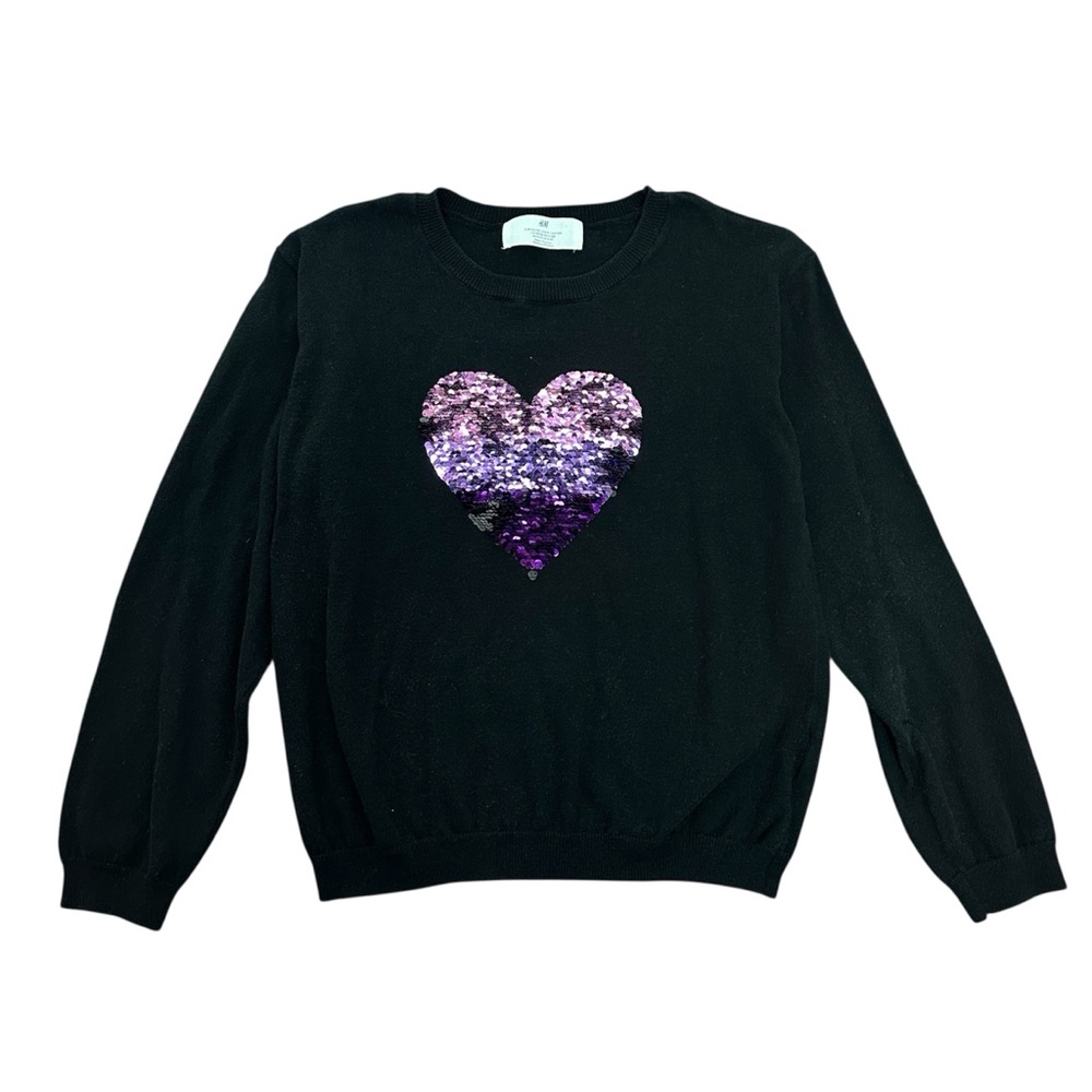 H&M Girls Black Flip Sequin Heart Knit Sweater